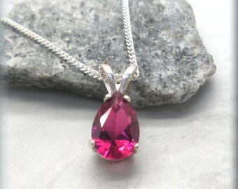 Pear Ruby Necklace, 925 Sterling Silver, July Birthstone Necklace, Gemstone Jewelry, 9x6mm Teardrop Red Ruby Pendant, Birthday Gift for Her