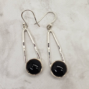 Black Onyx Drop Earrings, Sterling Silver, Teardrop Shape, Round Gemstone Earrings, Stone Jewelry, Dangle Earrings, Gift for Her, Christmas