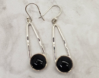 Black Onyx Drop Earrings, Sterling Silver, Teardrop Shape, Round Gemstone Earrings, Stone Jewelry, Dangle Earrings, Gift for Her, Christmas