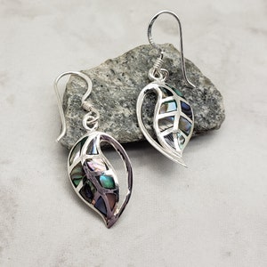 Abalone Leaf Earrings, Paua Shell, Sterling Silver, Falling Leaves, Nature Lover, Woodland Jewelry, Colorful, Lightweight, Plant Jewelry