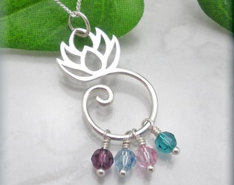 Lotus Flower Mothers Necklace, Mothers Day Gift, Keepsake Family Jewelry, Birthstone Jewelry, Sterling Silver, Gift for Mom, Lotus Blossom