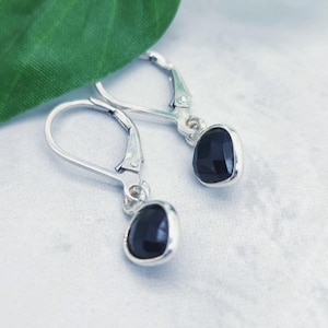 Petite Black Onyx Sterling Silver Leverback Earrings, Lightweight Heart Dangle