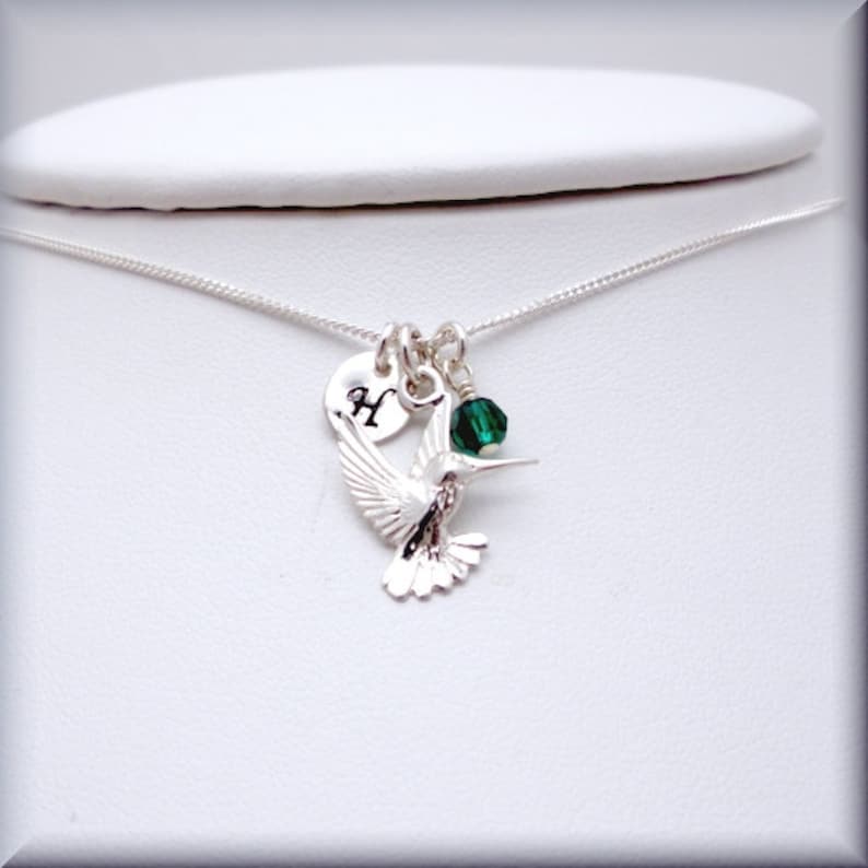 Hummingbird Charm Necklace, 925 Sterling Silver, Bird Jewelry, Birthstone Necklace, Personalized Initial Charm, Birthstone Jewelry, Custom image 3