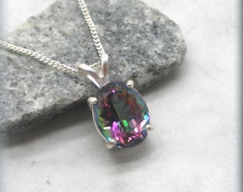 Oval Mystic Topaz Necklace, Sterling Silver, Rainbow Topaz Pendant, Gemstone, Topaz Jewelry, 9x7mm Faceted Oval Gemstone Pendant, Christmas