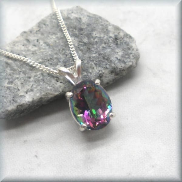 Oval Mystic Topaz Necklace, Sterling Silver, Rainbow Topaz Pendant, Gemstone, Topaz Jewelry, 9x7mm Faceted Oval Gemstone Pendant, Christmas