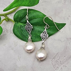 White Coin Pearl Earrings, Pearl Celtic Knot Earrings, 925 Sterling Silver, Celtic Dangle, Gift for Her, Fancy, Irish Knot, Womens Earring image 1