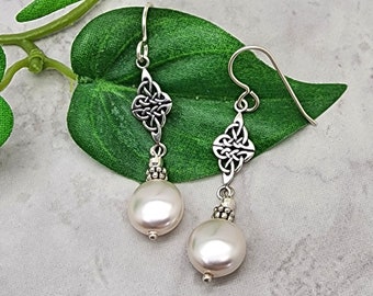White Coin Pearl Earrings, Pearl Celtic Knot Earrings, 925 Sterling Silver, Celtic Dangle, Gift for Her, Fancy, Irish Knot, Womens Earring