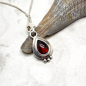 Deep Red Garnet Necklace, Teardrop Cabochon, Gemstone Pendant, Sterling Silver, June Birthstone, January Birthday Gift for Her, Pear Shape