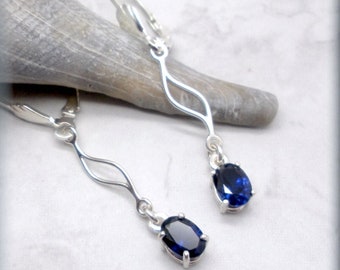 Oval Blue Sapphire Earrings, Gemstone Earrings, Shell Leverback Earrings, 7x5mm September Birthstone, September Birthday Gift, Lab Created