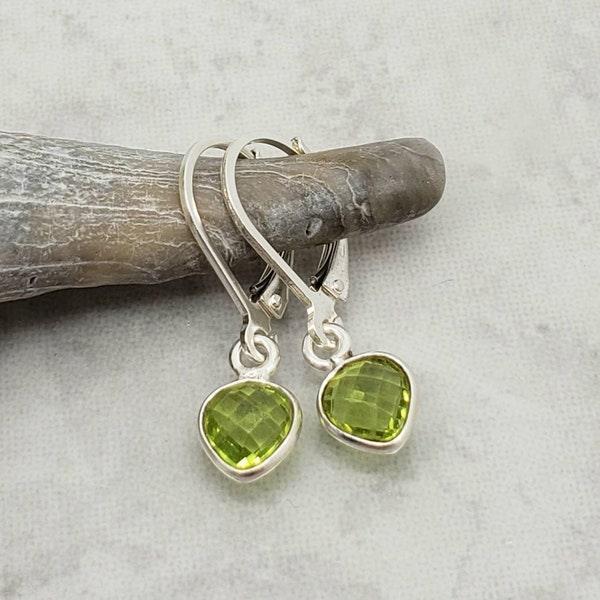 Tiny Peridot Heart Earrings, Leverback Earring, Sterling Silver, August Birthstone, August Birthday, Small, Lightweight, Gift for Her