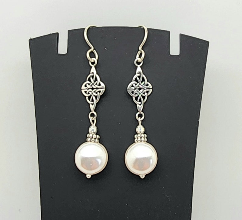 White Coin Pearl Earrings, Pearl Celtic Knot Earrings, 925 Sterling Silver, Celtic Dangle, Gift for Her, Fancy, Irish Knot, Womens Earring image 3