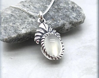 Oval White Moonstone Necklace, Small Gemstone Necklace, Moonstone Jewelry, Oxidized, Sterling Silver, June Birthstone, Gift for Her, Pendant