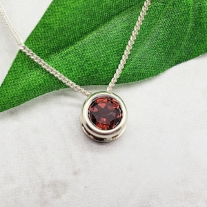 Garnet Slider Necklace, Layering, Feminine, Simple, 6mm Solitaire Pendant, Sterling Silver, Red Gemstone, January Birthstone, Birthday Gift