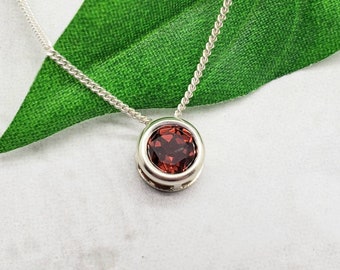 Garnet Slider Necklace, Layering, Feminine, Simple, 6mm Solitaire Pendant, Sterling Silver, Red Gemstone, January Birthstone, Birthday Gift