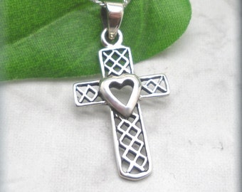 Heart Cross Necklace, Sterling Silver, Spiritual, Christian Jewelry, Mother, Gift, First Communion, Faith Necklace, Religious