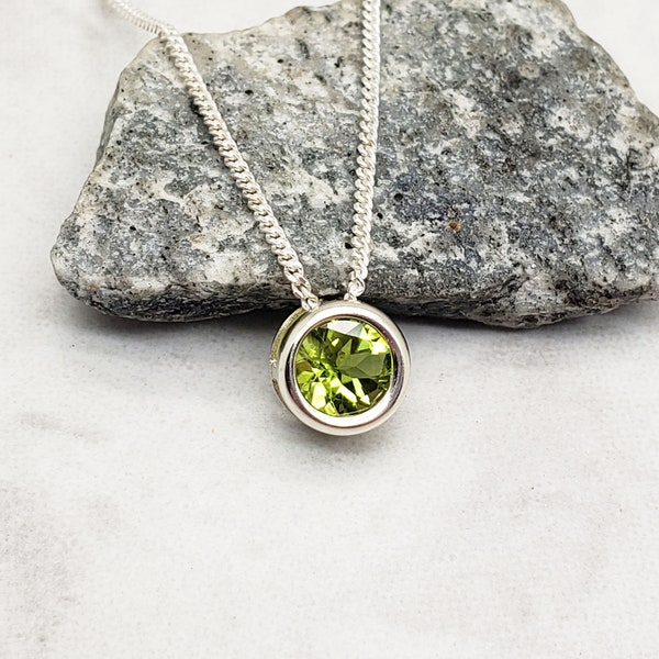 Peridot Slider Necklace, Layering, Feminine, 6mm Solitaire Pendant, Sterling Silver, Green Gemstone, August Birthstone, Birthday Gift