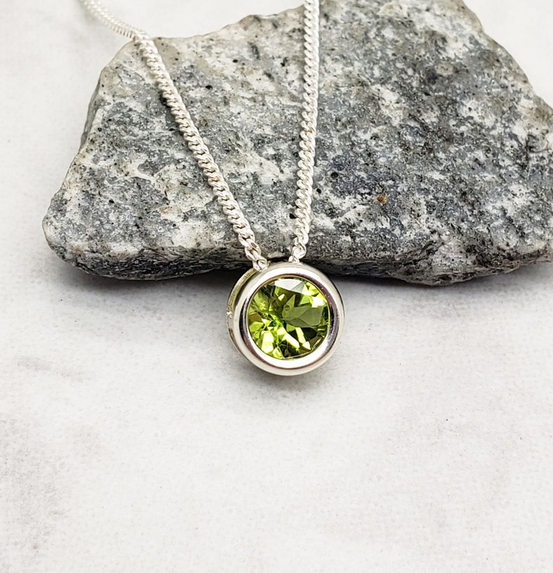 Peridot Slider Necklace, Layering, Feminine, 6mm Solitaire Pendant, Sterling Silver, Green Gemstone, August Birthstone, Birthday Gift image 1