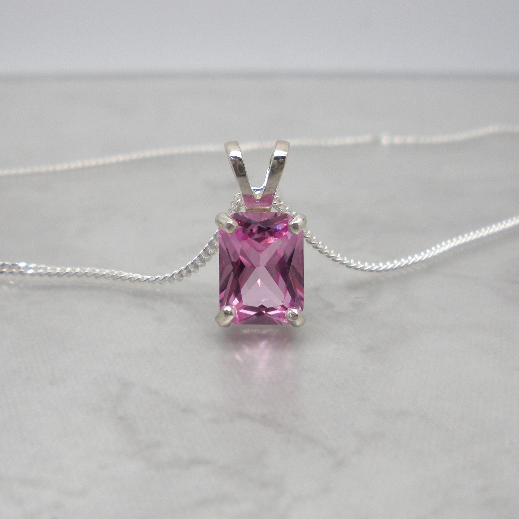 Emerald Cut Pink Sapphire Necklace Sterling Silver October 