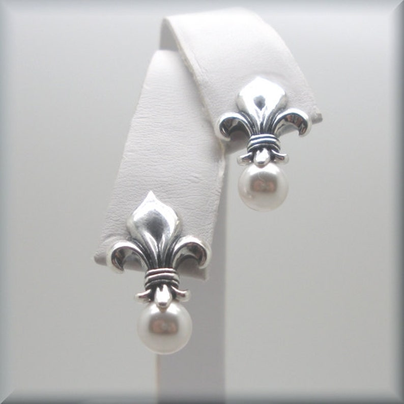 Pearl Fleur de Lis Earrings, Pearl Earrings, Sterling Silver, Wedding Earrings, Lily, Flower , Stud, Post, Mother of the Bride image 3