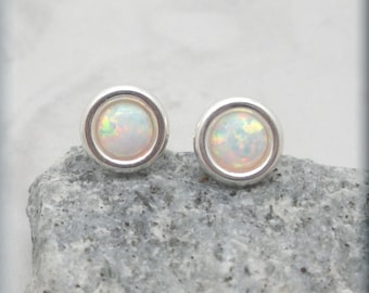 Small White Opal Earrings, Post Earrings, Studs, October Birthstone, Sterling Silver, Gemstone Jewelry, Cabochon, Opal Jewelry