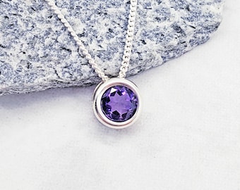 Amethyst Slider Necklace, Layering Necklace, Feminine, 6mm Solitaire Pendant, Sterling Silver, Purple Gemstone, February Birthday Gift