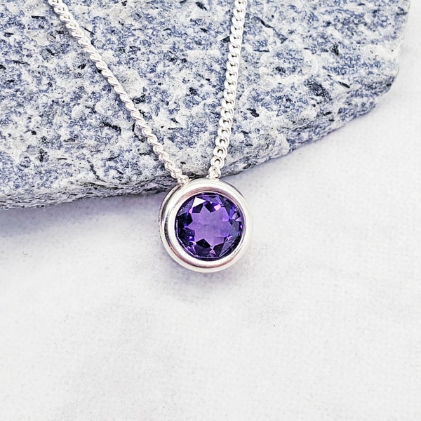 Amethyst Slider Necklace, Layering Necklace, Feminine, 6mm Solitaire Pendant, Sterling Silver, Purple Gemstone, February Birthday Gift