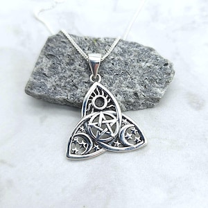 Celtic Trinity Knot Necklace with Pentagram Center, Crescent Moon, Sun, Wiccan, Pagan Symbol, Sterling Silver Pendant, Triquetra Symbol