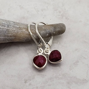 Tiny Ruby Heart Earrings, Leverback Earring, Sterling Silver, July Birthstone, July Birthday, Small, Lightweight, Christmas Gift for Her