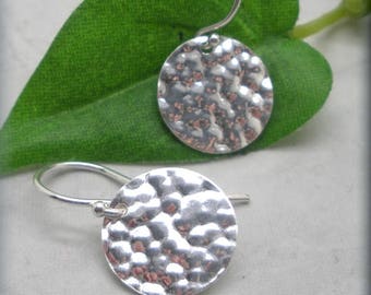Hammered Circle Earrings, Sterling Silver, Small Round Silver Earrings, Lightweight, Simple Everyday Earrings, Silver Dangle Earring