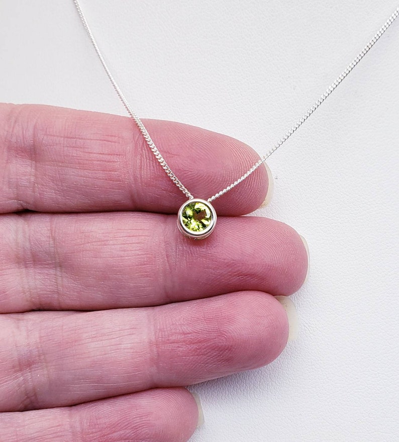 Peridot Slider Necklace, Layering, Feminine, 6mm Solitaire Pendant, Sterling Silver, Green Gemstone, August Birthstone, Birthday Gift image 3