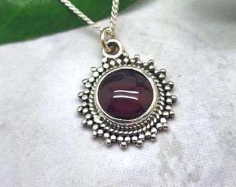 Sunburst Garnet Necklace, Round Cabochon,Sterling Silver, Gemstone Necklace, January Birthstone, Birthday Gift, Gift for Her, Mothers Day