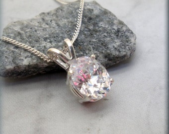 Oval Cubic Zirconia Necklace, Faux Diamond, Large Solitaire CZ, 925 Sterling Silver, 10x8mm Oval Cut, April Birthstone, Valentines Day Gift