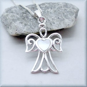 Silver Angel Necklace with Mother of Pearl, Guardian Angel with Heart, 925 Sterling Silver, Religious Jewelry, Protection Angel, Heart