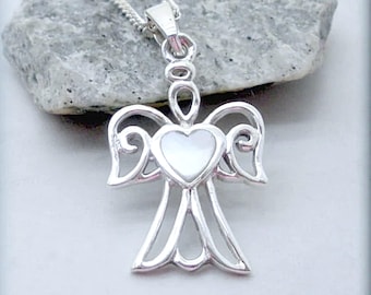 Silver Angel Necklace with Mother of Pearl, Guardian Angel with Heart, 925 Sterling Silver, Religious Jewelry, Protection Angel, Heart