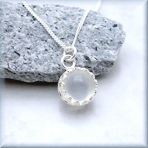 Round White Moonstone Necklace in Sterling Silver - Gemstone Pendant in Bezel Setting, Minimalistic, Classic