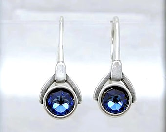 Sapphire Blue Crystal Sterling Silver Earrings, September Birthstone