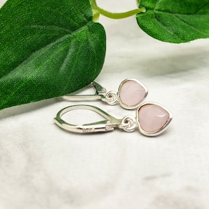 Petite Pink Chalcedony Heart Earrings, Leverback Earring, Sterling Silver, Lightweight Earring, Gift for Her, Mom, Mother, Christmas