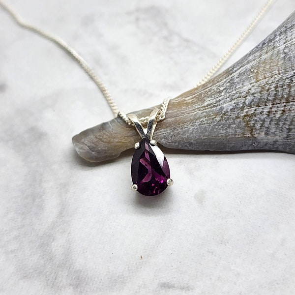 Rhodolite Garnet Necklace, Solitaire Gemstone Pendant, January Birthstone, Birthday Gift for Her, Sterling Silver, Feminine, Christmas Gift