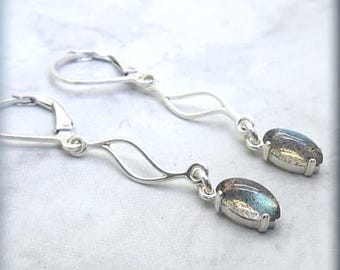 Small Marquise Labradorite Dangle Earrings, Sterling Silver, Gemstone Earrings, Everyday Jewelry, Silver Leverback Earrings