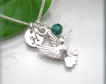 Hummingbird Charm Necklace, 925 Sterling Silver, Bird Jewelry, Birthstone Necklace, Personalized Initial Charm, Birthstone Jewelry, Custom