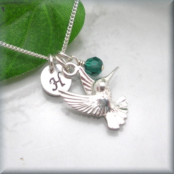 Hummingbird Charm Necklace, 925 Sterling Silver, Bird Jewelry, Birthstone Necklace, Personalized Initial Charm, Birthstone Jewelry, Custom
