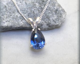 Blue Sapphire Necklace, Pear Blue Sapphire, Birthday Gift for Her, Teardrop, 9x6mm Gemstone Pendant, Sterling Silver, September Birthstone