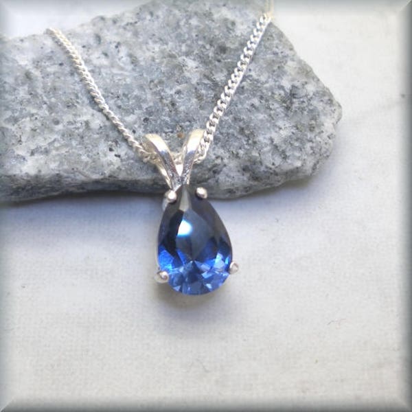 Blue Sapphire Necklace, Pear Blue Sapphire, Birthday Gift for Her, Teardrop, 9x6mm Gemstone Pendant, Sterling Silver, September Birthstone