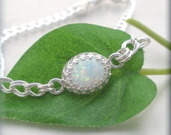 Opal Bracelet October Birthstone Sterling Silver Chain Cabochon White Opal Jewelry Bridal Bridesmaid