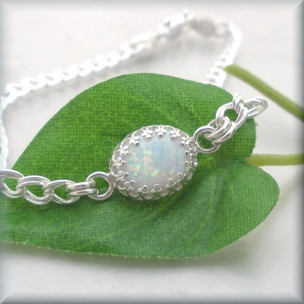 Opal Bracelet October Birthstone Sterling Silver Chain Cabochon White Opal Jewelry Bridal Bridesmaid