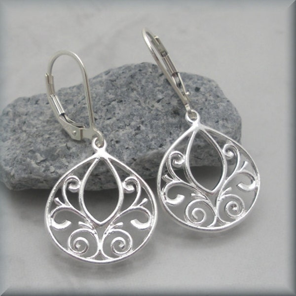 Filigree Earrings, Sterling Silver, Dangle Earrings, Lightweight Earrings, Teardrop, Leverbacks, Metal, Gift for Her, Metal Jewelry