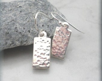 Tiny Hammered Earrings, Rectangle Earrings, Sterling Silver, Small Dangle Earring, Hammered Metal, Geometric Jewelry, Minimalist, Drop, Tag