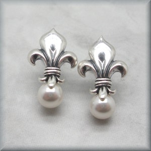 Pearl Fleur de Lis Earrings, Pearl Earrings, Sterling Silver, Wedding Earrings, Lily, Flower , Stud, Post, Mother of the Bride