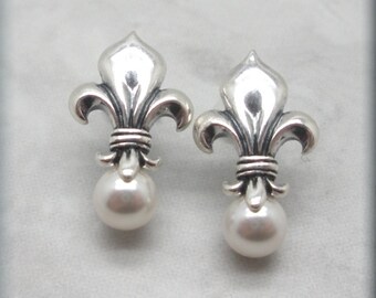 Pearl Fleur de Lis Earrings, Pearl Earrings, Sterling Silver, Wedding Earrings, Lily, Flower , Stud, Post, Mother of the Bride