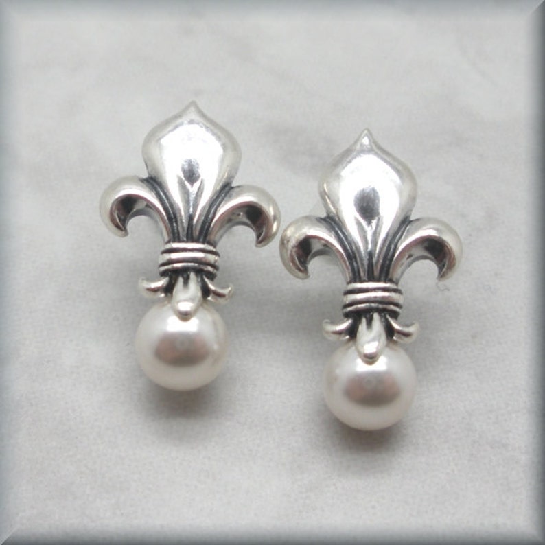 Pearl Fleur de Lis Earrings, Pearl Earrings, Sterling Silver, Wedding Earrings, Lily, Flower , Stud, Post, Mother of the Bride image 1